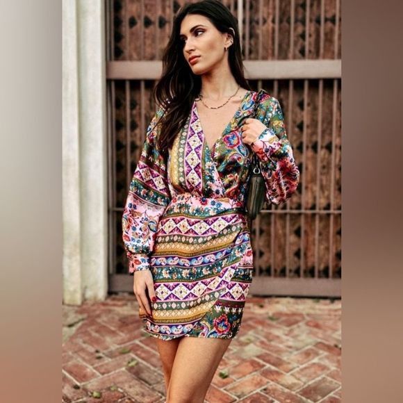 Zara Tops - NWT Zara Patterned Silky Faux Wrap Long Sleeve Blouse New Size Medium